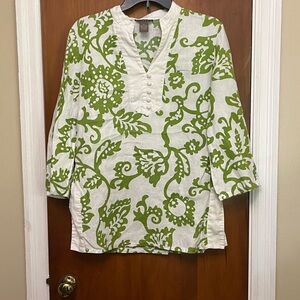 Kenar Green and White Floral 100% Linen Women's Top. 8.   Z2